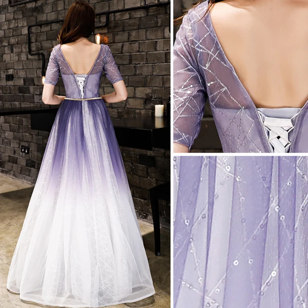 Modern / Fashion Gradient-Color Evening Dresses  2019 A-Line / Princess Beading Sequins Metal Sash Scoop Neck Short Sleeve Backless Floor-Length / Long Formal Dresses