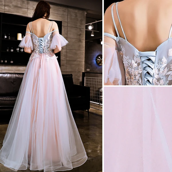 Élégant Rougissant Rose Robe De Soirée 2019 Princesse Appliques En Dentelle Perlage Faux Diamant Bretelles Spaghetti Dos Nu Manches Courtes Longue Robe De Ceremonie