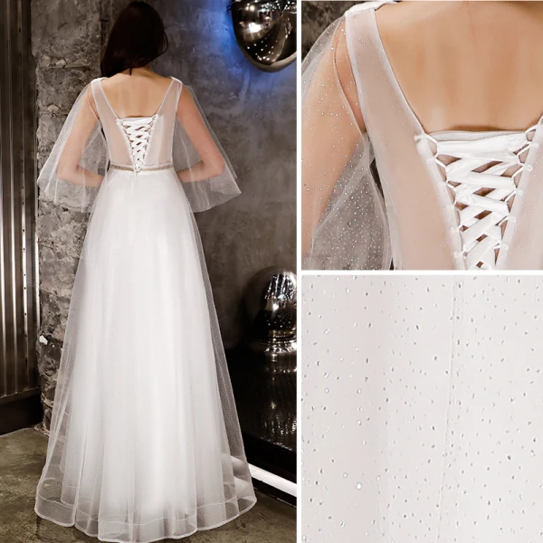 Modern / Fashion Ivory Evening Dresses 2019 A-Line / Princess Rhinestone Sash Glitter V-Neck Backless 1/2 Sleeves Floor-Length / Long Formal Dresses
