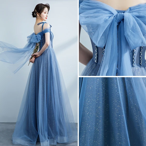 Chic / Belle Bleu Ciel Robe De Bal 2021 Princesse Bretelles Spaghetti Perlage Noeud Sans Manches Dos Nu Longue Robe De Ceremonie