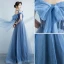 Chic / Belle Bleu Ciel Robe De Bal 2021 Princesse Bretelles Spaghetti Perlage Noeud Sans Manches Dos Nu Longue Robe De Ceremonie