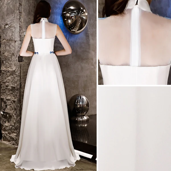 Chinese style Ivory Evening Dresses 2019 A-Line / Princess Organza Appliques Lace Rhinestone High Neck Sleeveless Floor-Length / Long Formal Dresses