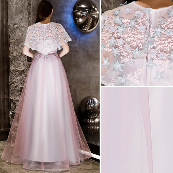 Chic / Beautiful Blushing Pink Evening Dresses 2019 A-Line / Princess Appliques Lace Scoop Neck Short Sleeve Floor-Length / Long Formal Dresses