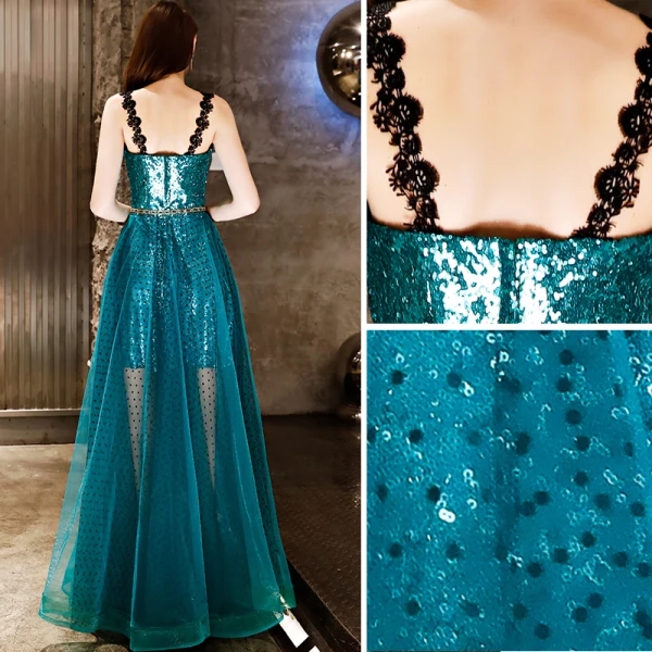 Charmant Bleu D'encre Robe De Soirée 2019 Princesse Tachetée Métal Ceinture Paillettes En Dentelle Bretelles Spaghetti Sans Manches Dos Nu Longue Robe De Ceremonie