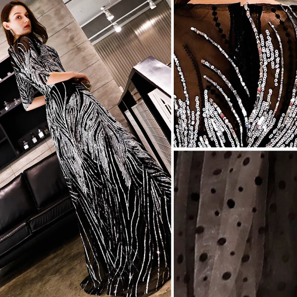 Sparkly Black Evening Dresses  2019 A-Line / Princess Sequins Scoop Neck 1/2 Sleeves Floor-Length / Long Formal Dresses