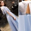 Vintage / Retro Sky Blue Prom Dresses 2019 A-Line / Princess Lace Scoop Neck Backless Short Sleeve Floor-Length / Long Formal Dresses