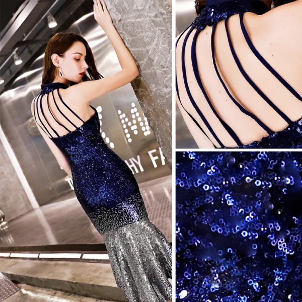Sexy Bleu Marine Robe De Cocktail 2019 Trompette / Sirène Paillettes Titulaire Dos Nu Sans Manches Asymétrique Robe De Ceremonie