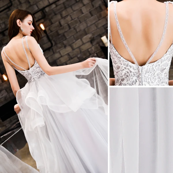Chic / Beautiful White Prom Dresses 2019 A-Line / Princess Lace Cascading Ruffles Scoop Neck Backless Sleeveless Floor-Length / Long Formal Dresses