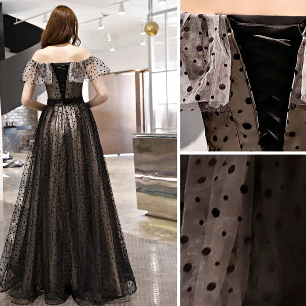 Elegant Black Spotted Prom Dresses 2019 A-Line / Princess Off-The-Shoulder Short Sleeve Backless Floor-Length / Long Formal Dresses