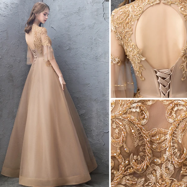 Elegant Gold Evening Dresses 2019 A-Line / Princess Lace Beading Crystal High Neck Backless 1/2 Sleeves Floor-Length / Long Formal Dresses