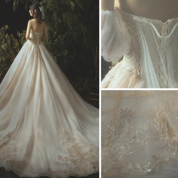 Luxury / Gorgeous Champagne Wedding Dresses 2019 A-Line / Princess Lace Beading Crystal Strapless Backless Sleeveless Cathedral Train