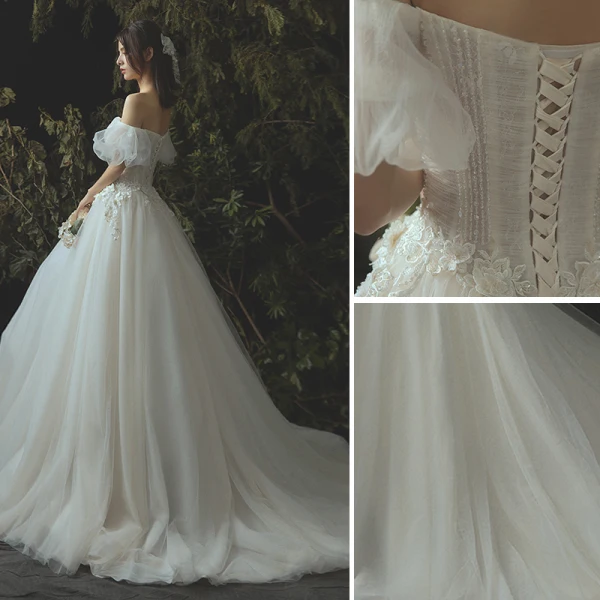 Eleganta Elfenben Korsett Bröllopsklänningar 2019 Prinsessa Spets Appliqués Beading Kristall Av Axeln Halterneck Ärmlös Chapel Train