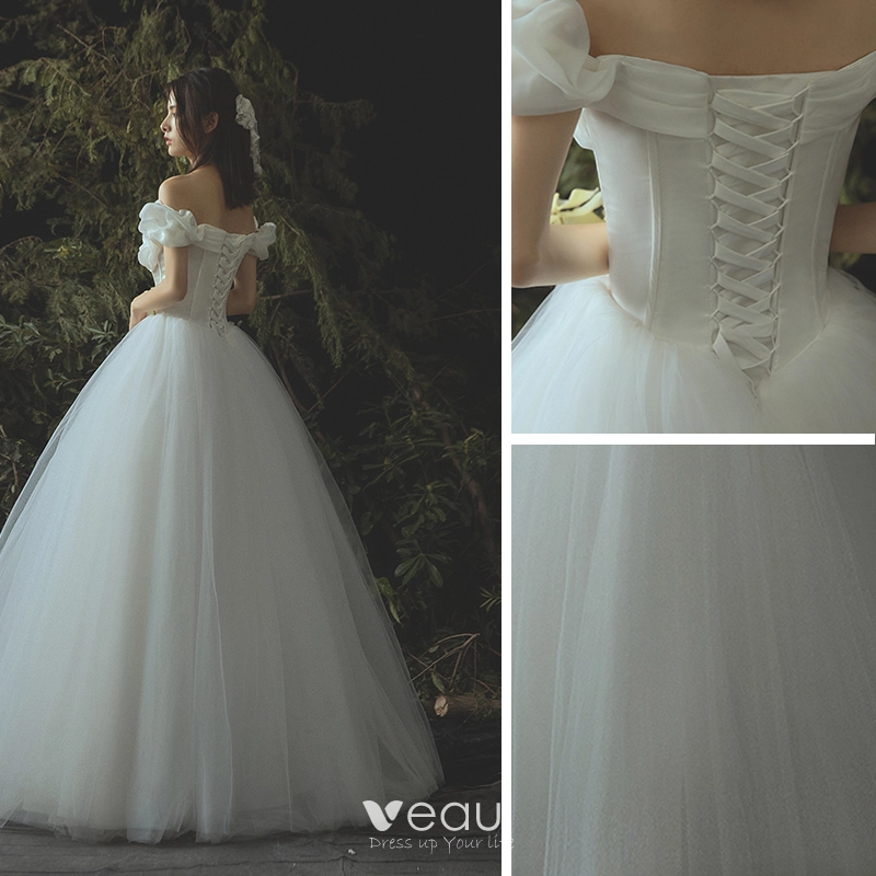Elegant Ivory Corset Wedding Dresses 2019 A Line Princess Off The Shoulder Short Sleeve Backless Floor