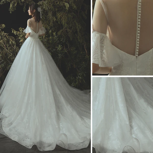 Elegant Ivory Wedding Dresses 2019 A-Line / Princess Lace Pearl Scoop Neck 1/2 Sleeves Cathedral Train