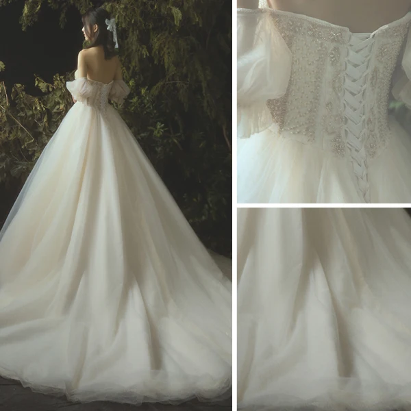 Luxury / Gorgeous Champagne Wedding Dresses 2019 A-Line / Princess Beading Pearl Strapless Backless Sleeveless Cathedral Train