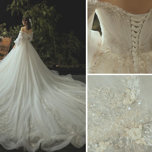 Luxury / Gorgeous Ivory Wedding Dresses 2019 Ball Gown Lace Flower Beading Crystal Sequins Strapless Long Sleeve Backless Royal Train