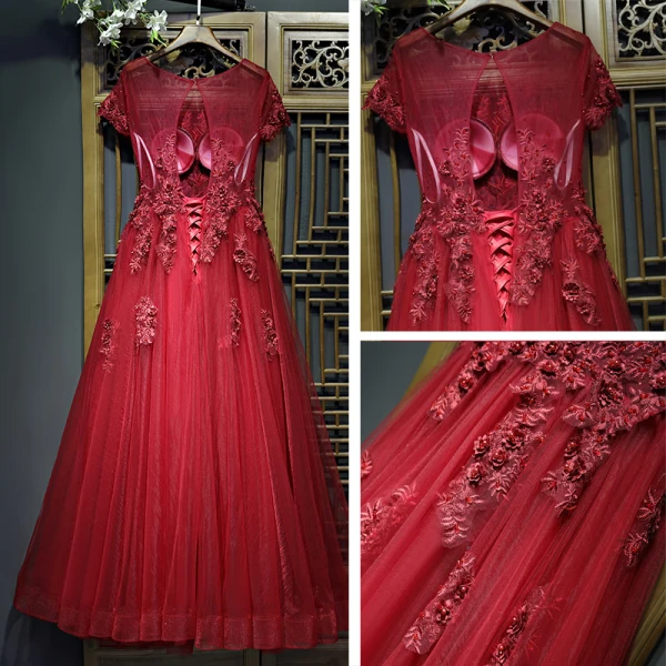Chic / Belle Rouge Robe De Ceremonie Robe De Soirée 2017 Dentelle Fleur Perle Encolure Dégagée Manches Courtes Courte Princesse