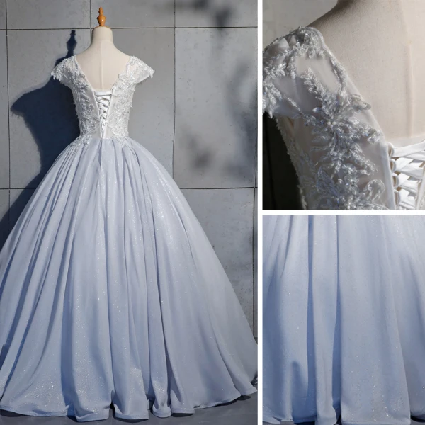 Elegant Silver Prom Dresses 2019 Ball Gown Lace Beading Pearl Sequins V-Neck Backless Short Sleeve Floor-Length / Long Formal Dresses