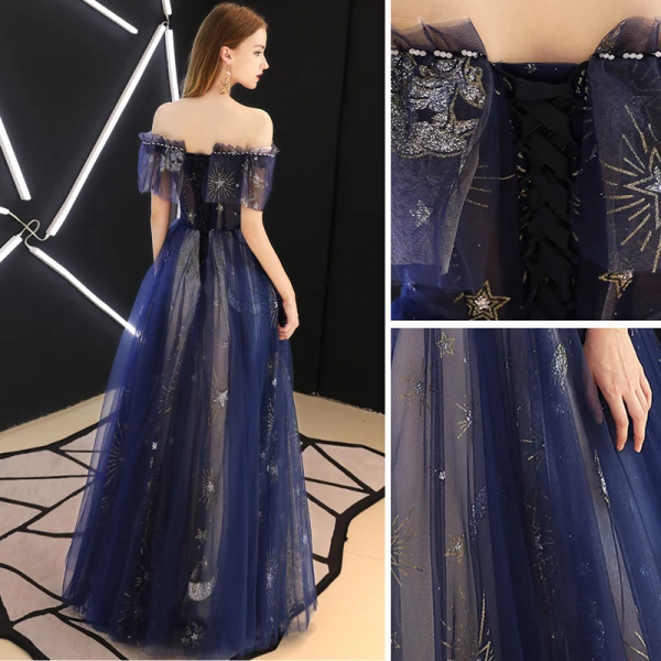 Moderne / Mode Bleu Roi Robe De Soirée 2019 Princesse Perlage Glitter Paillettes De l'épaule Dos Nu Manches Courtes Longue Robe De Ceremonie