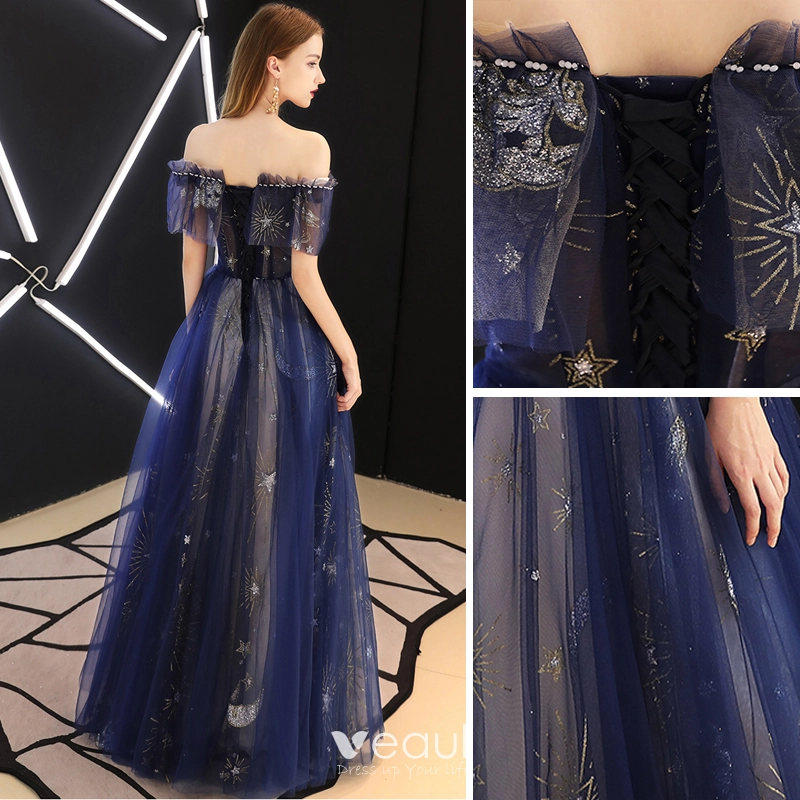 Modern Fashion Royal Blue Evening Dresses 2019 A Line Princess Beading Glitter Sequins Off The Shoulder