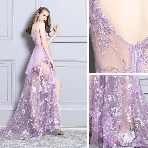 Sexy Lila Cocktailkleider 2019 Durchsichtige Spitze Strass V-Ausschnitt Ärmellos Rückenfreies Sweep / Pinsel Zug Festliche Kleider