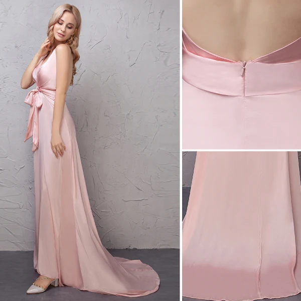 Abordable Rougissant Rose Robe De Soirée 2019 Princesse Noeud Titulaire Sans Manches Dos Nu Tribunal Train Robe De Ceremonie