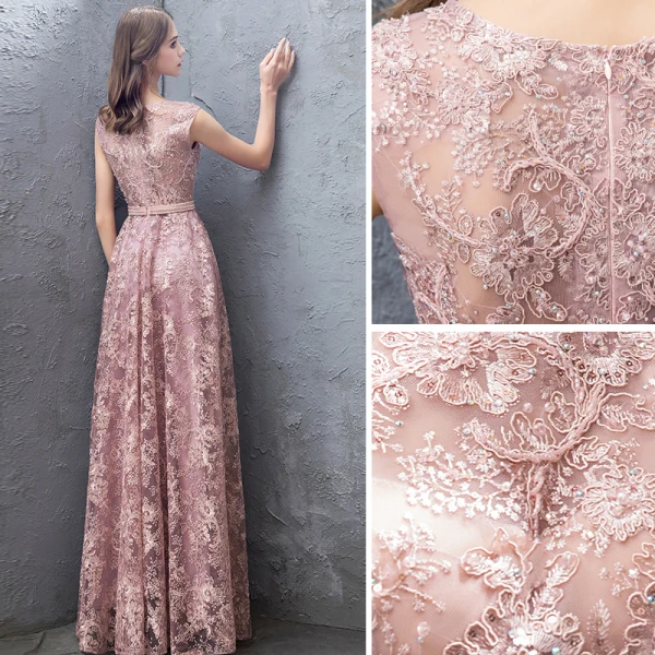Chic / Beautiful Pearl Pink Evening Dresses  2019 A-Line / Princess Lace Beading Rhinestone Sequins Scoop Neck Sleeveless Floor-Length / Long Formal Dresses
