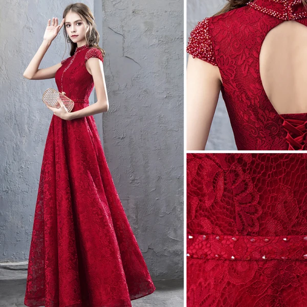 Chinese style Burgundy Evening Dresses 2019 A-Line / Princess Beading Lace Crystal Scoop Neck Cap Sleeves Backless Floor-Length / Long Formal Dresses