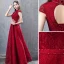 Chinese style Burgundy Evening Dresses  2019 A-Line / Princess Beading Lace Crystal Scoop Neck Cap Sleeves Backless Floor-Length / Long Formal Dresses