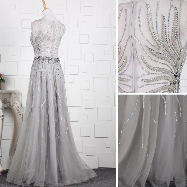 Luxe Champagne Fait main Perlage Robe De Soirée 2019 Princesse Cristal Paillettes Faux Diamant Encolure Dégagée Sans Manches Longue Robe De Ceremonie