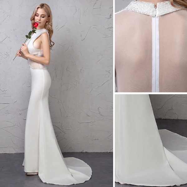 Chic / Beautiful Ivory Evening Dresses  2019 Trumpet / Mermaid See-through Handmade  Beading Tassel Scoop Neck Sleeveless Sweep Train Formal Dresses