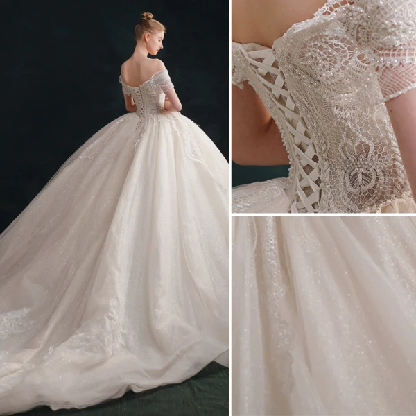 Luxury / Gorgeous Ivory Wedding Dresses 2021 Ball Gown Off-The-Shoulder Beading Lace Flower Short Sleeve Backless Royal Train Wedding