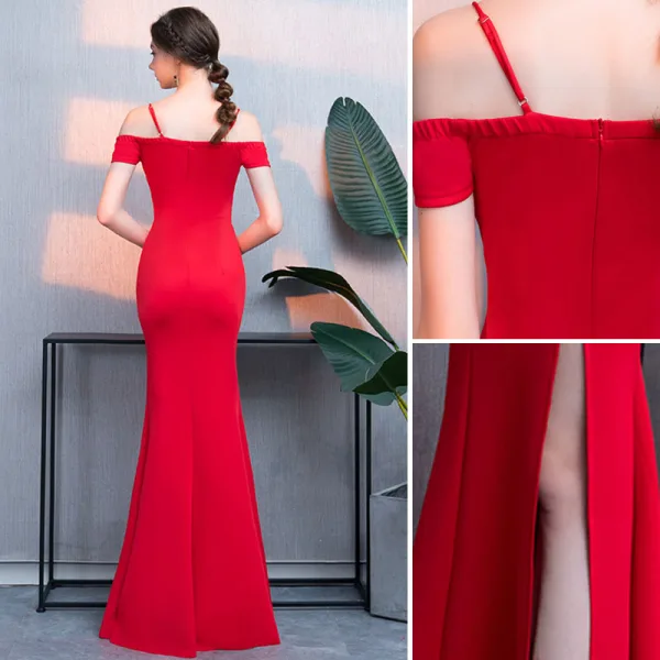 Chic / Belle Rouge Robe De Soirée 2019 Trompette / Sirène Perlage Gland Fendue devant Bretelles Spaghetti Dos Nu Manches Courtes Longue Robe De Ceremonie