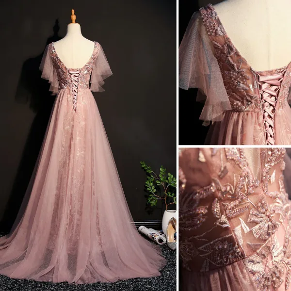 Elegant Pearl Pink Evening Dresses 2019 A-Line / Princess Lace Beading Crystal V-Neck Short Sleeve Backless Sweep Train Formal Dresses