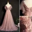 Elegant Pearl Pink Evening Dresses  2019 A-Line / Princess Lace Beading Crystal V-Neck Short Sleeve Backless Sweep Train Formal Dresses