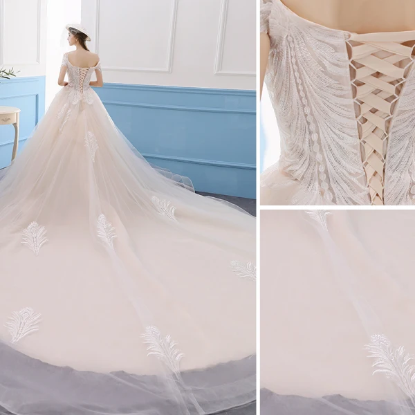 Élégant Champagne Robe De Mariée 2019 Princesse En Dentelle De l'épaule Manches Courtes Dos Nu Royal Train