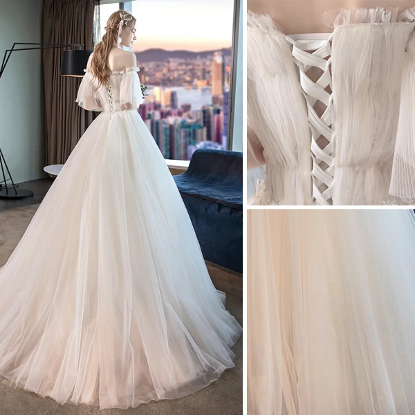 Elegant Ivory Wedding Dresses 2019 A-Line / Princess Pleated Lace Beading Crystal Off-The-Shoulder Short Sleeve Backless Court Train
