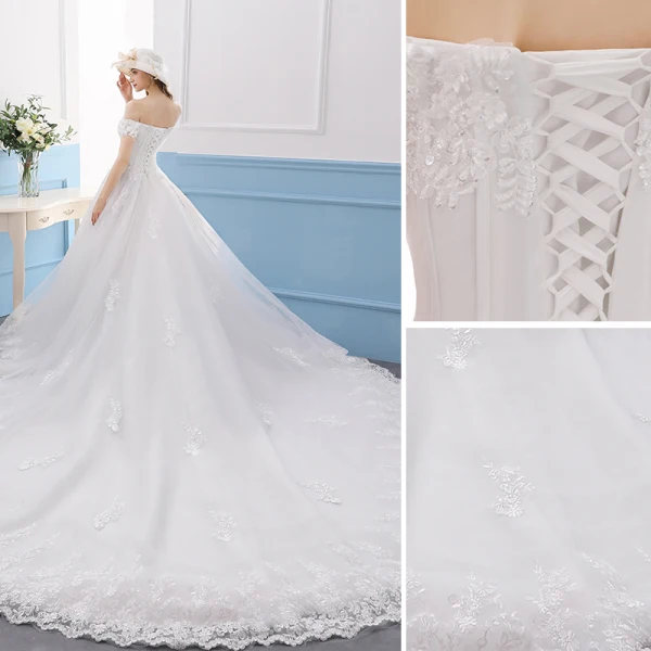 Élégant Ivoire Robe De Mariée 2019 Princesse En Dentelle Fleur Cristal Paillettes De l'épaule Manches Courtes Dos Nu Cathedral Train
