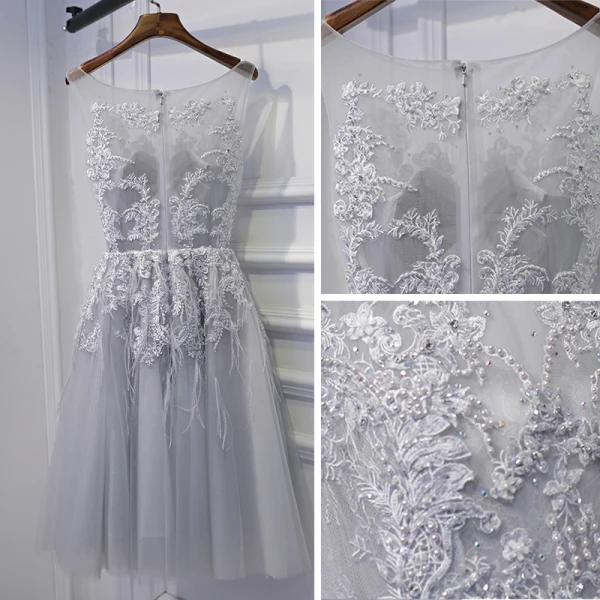 Modest / Simple Silver Wedding Party Dresses Bridesmaid Dresses 2017 Lace Flower Sequins Pearl Scoop Neck Sleeveless Short A-Line / Princess