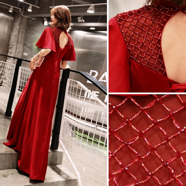 Chic / Beautiful Burgundy Evening Dresses  2019 A-Line / Princess Crystal High Neck Short Sleeve Backless Floor-Length / Long Formal Dresses