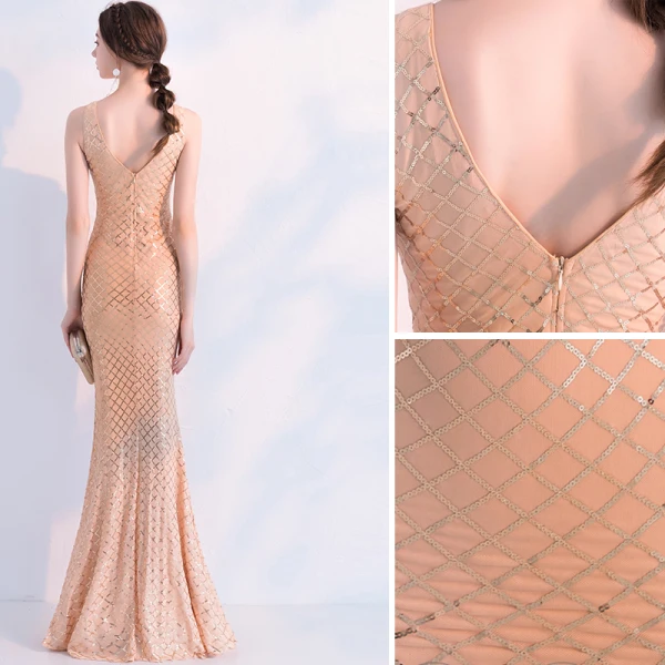 Scintillantes Champagne Robe De Soirée 2019 Trompette / Sirène Cristal Paillettes V-Cou Sans Manches Dos Nu Longue Robe De Ceremonie