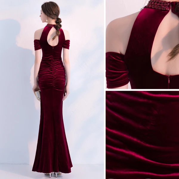 Charmant Bordeaux Robe De Soirée 2019 Trompette / Sirène Daim Perlage Cristal Paillettes Encolure Dégagée Manches Courtes Dos Nu Longueur Cheville Robe De Ceremonie