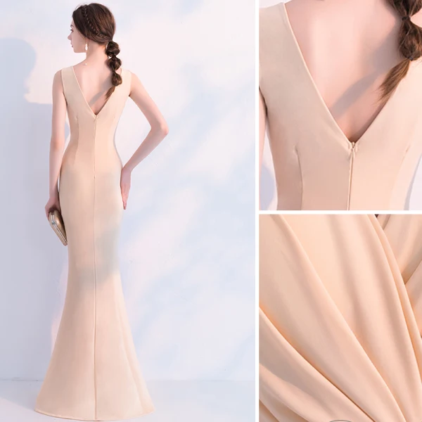 Chic / Beautiful Champagne Evening Dresses 2019 Trumpet / Mermaid V-Neck Sleeveless Backless Floor-Length / Long Formal Dresses