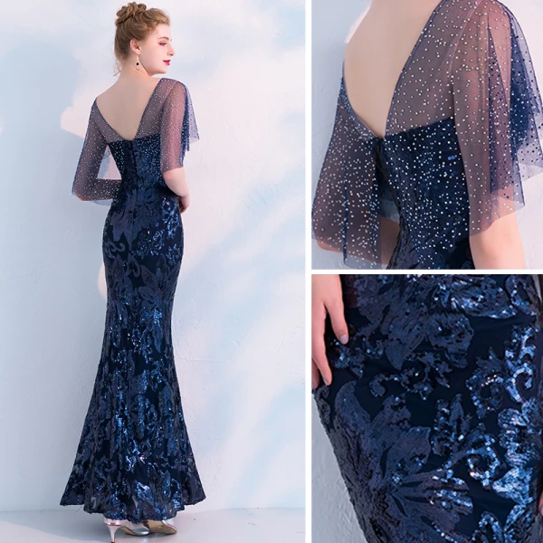 Scintillantes Bleu Marine Robe De Soirée 2019 Trompette / Sirène Paillettes Faux Diamant V-Cou Dos Nu Manches Courtes Longue Robe De Ceremonie