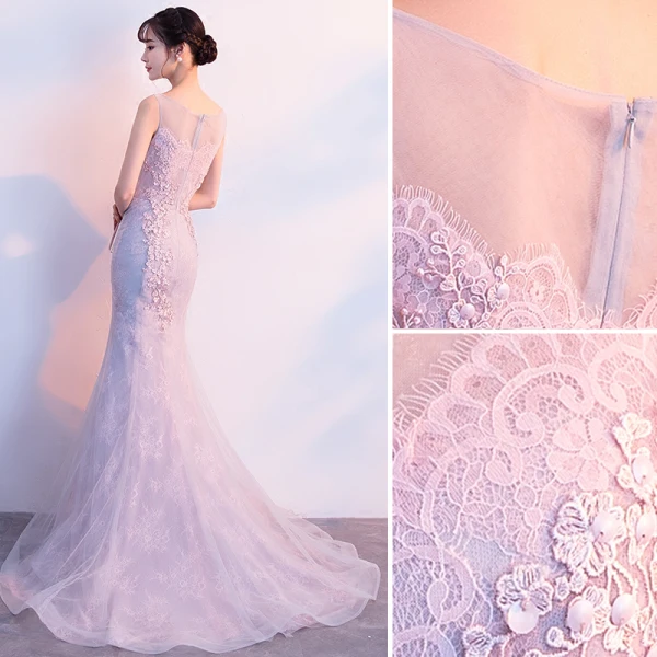 Chic / Belle Lavande Robe De Soirée 2019 Trompette / Sirène Appliques En Dentelle Paillettes Encolure Dégagée Sans Manches Tribunal Train Soirée Robe De Ceremonie