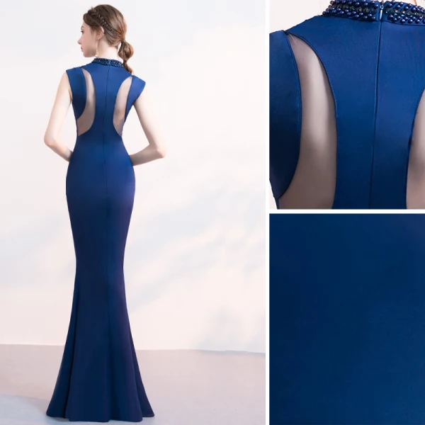 Chic / Belle Bleu Marine Robe De Soirée 2019 Trompette / Sirène Perlage Encolure Dégagée Sans Manches Longue Robe De Ceremonie