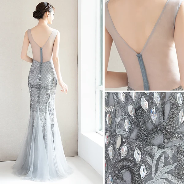 Charming Grey Evening Dresses 2019 Trumpet / Mermaid Lace Flower Crystal Sequins V-Neck Sleeveless Backless Floor-Length / Long Formal Dresses