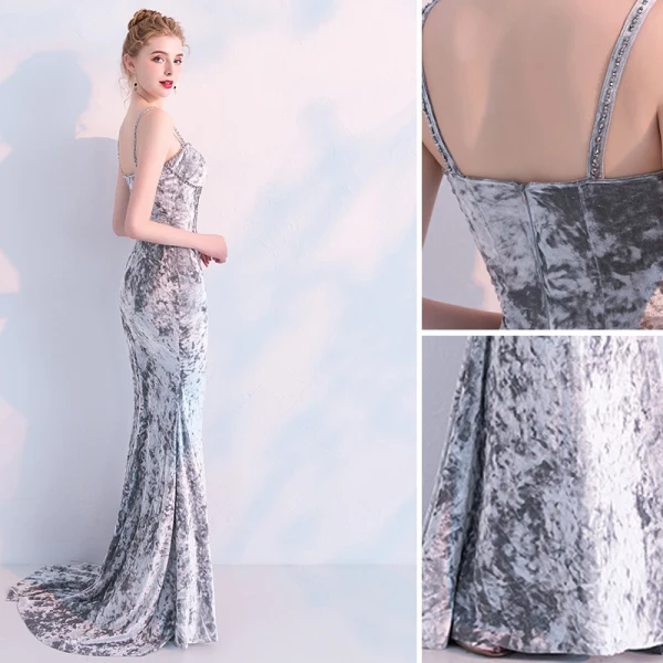 Sexy Argenté Robe De Soirée 2019 Trompette / Sirène Daim Perlage Perle Bretelles Spaghetti Sans Manches Dos Nu Train De Balayage Robe De Ceremonie