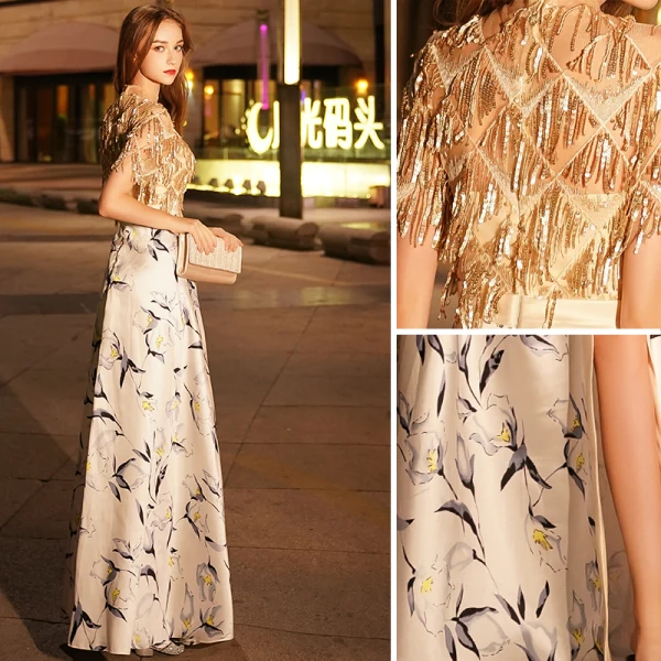 Elegante Gold Abendkleider 2019 A Linie Rundhalsausschnitt Perlenstickerei Pailletten Quaste Kurze Ärmel Gespaltete Front Drucken Lange Festliche Kleider
