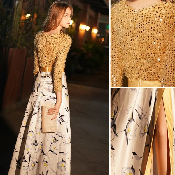 Elegant Gold Evening Dresses 2019 A-Line / Princess Tassel Scoop Neck Beading Sequins Long Sleeve Split Front Printing Floor-Length / Long Formal Dresses